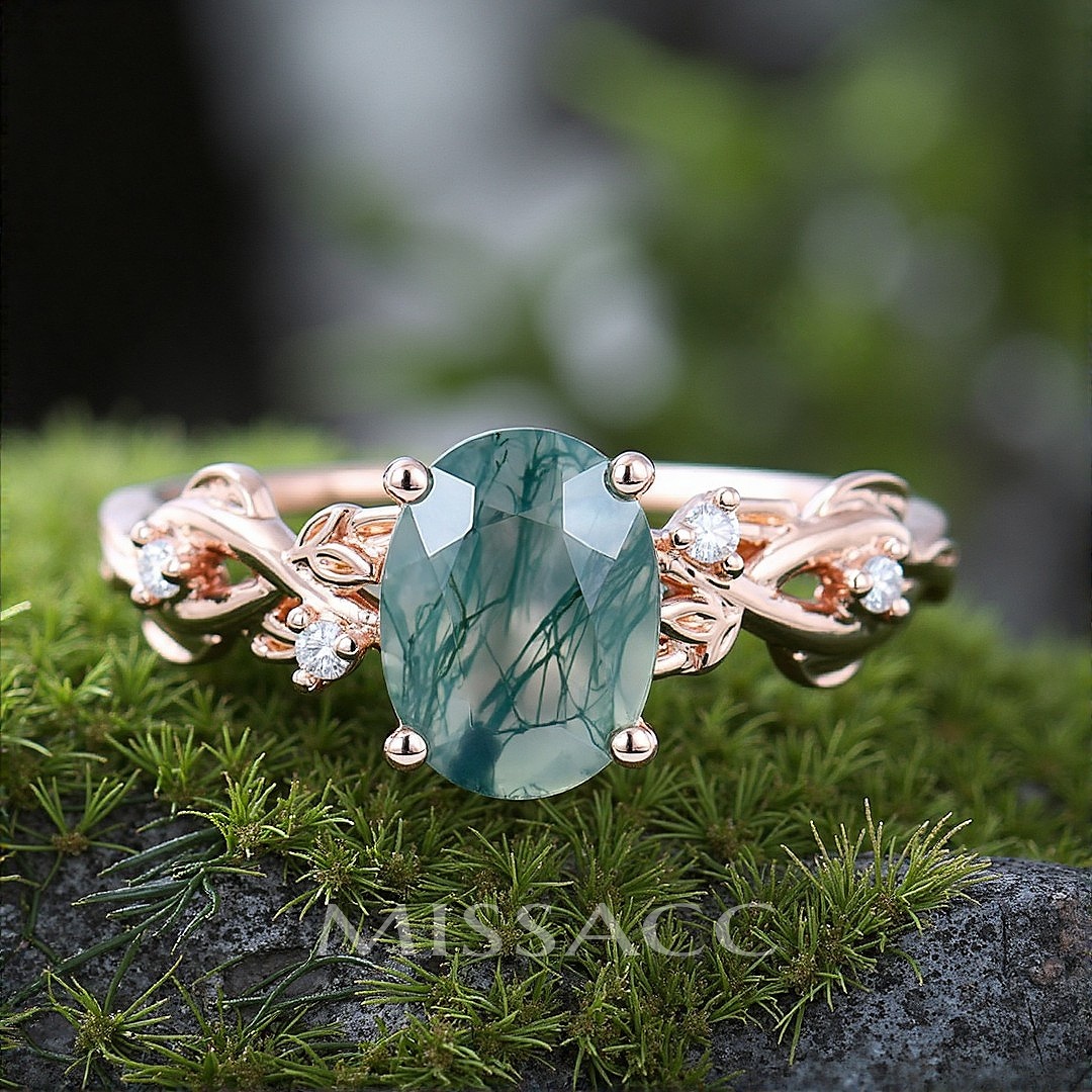 1CT Oval Cut Moss Agate Engagement Rings In Sterling Silver