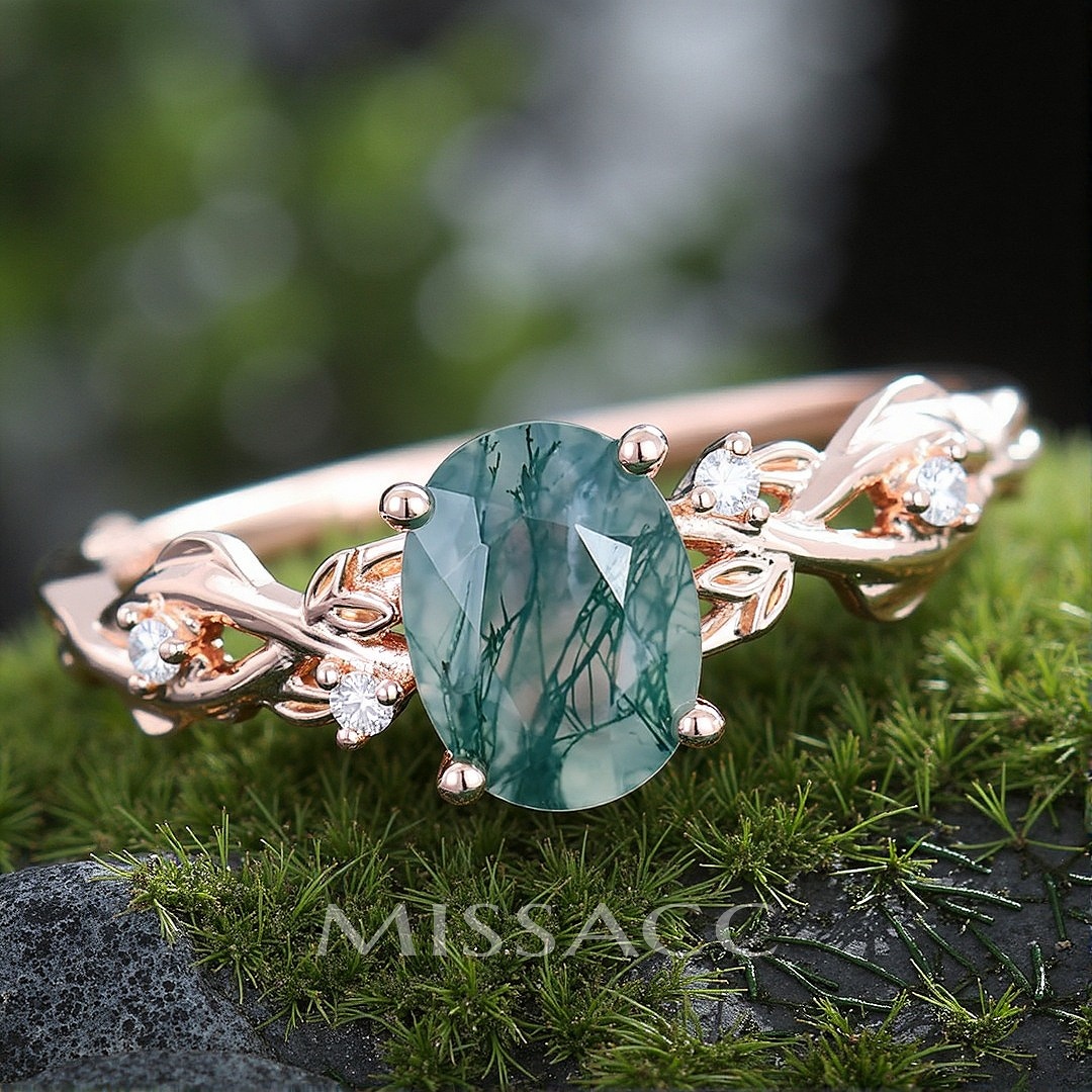 1CT Oval Cut Moss Agate Engagement Rings In Sterling Silver