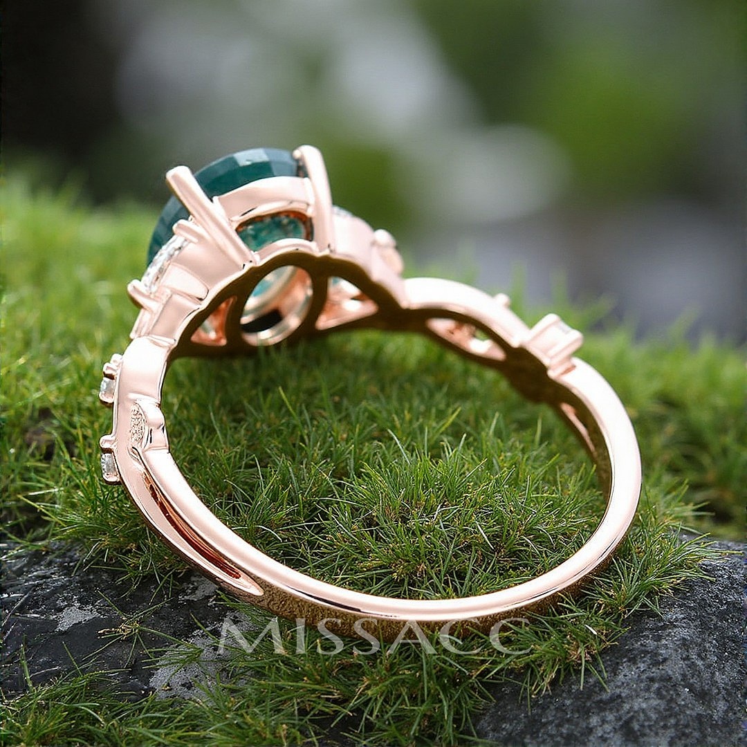 1CT Oval Cut Moss Agate Engagement Rings In Sterling Silver