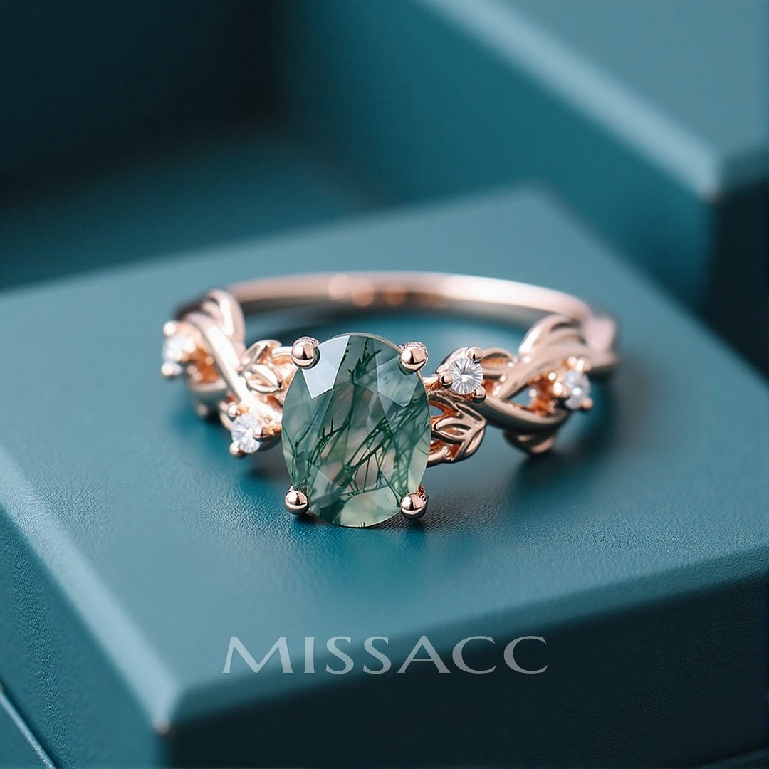 1CT Oval Cut Moss Agate Engagement Rings In Sterling Silver
