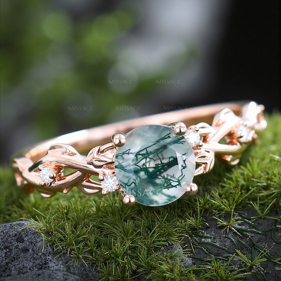 1CT Round Cut Moss Agate Engagement Rings In Sterling Silver