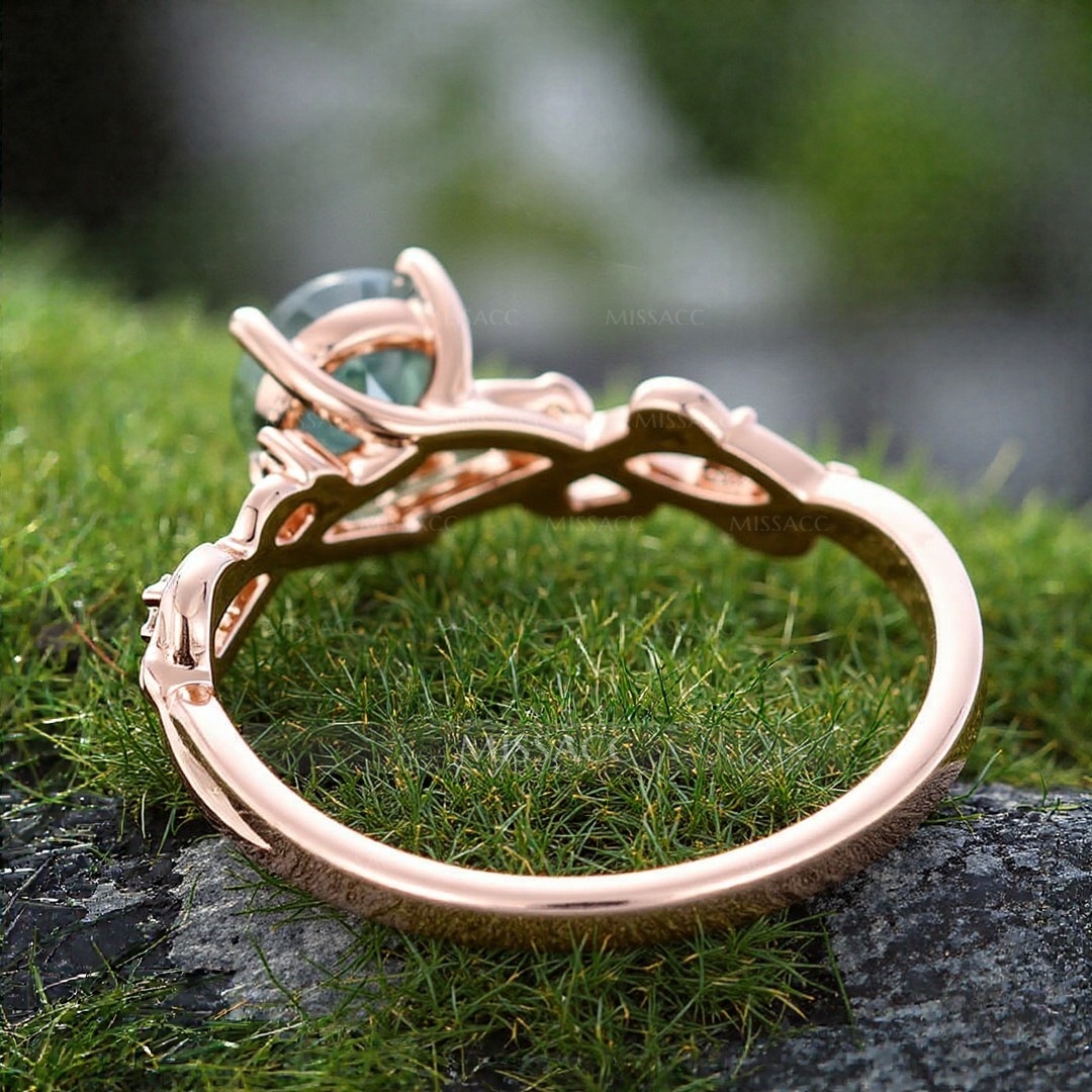 1CT Round Cut Moss Agate Engagement Rings In Sterling Silver