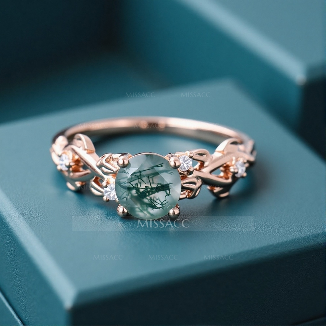 1CT Round Cut Moss Agate Engagement Rings In Sterling Silver