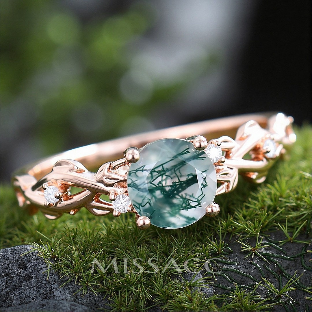 1CT Round Cut Moss Agate Engagement Rings In Sterling Silver