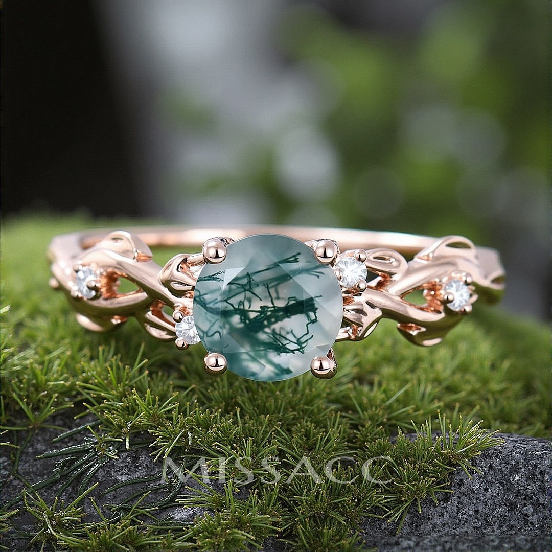 1CT Round Cut Moss Agate Engagement Rings In Sterling Silver