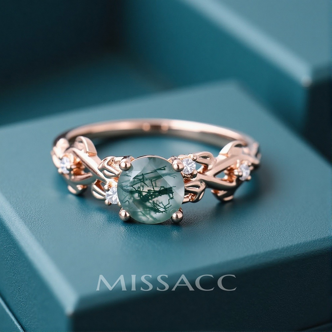 1CT Round Cut Moss Agate Engagement Rings In Sterling Silver