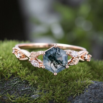 1CT Hexagon Cut Moss Agate Engagement Rings In Sterling Silver