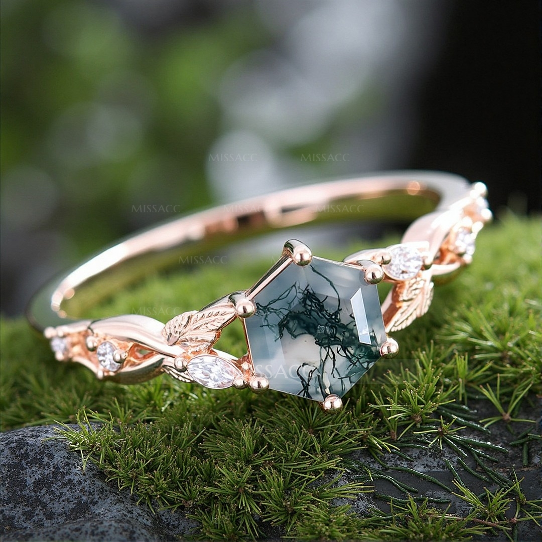 1CT Hexagon Cut Moss Agate Engagement Rings In Sterling Silver