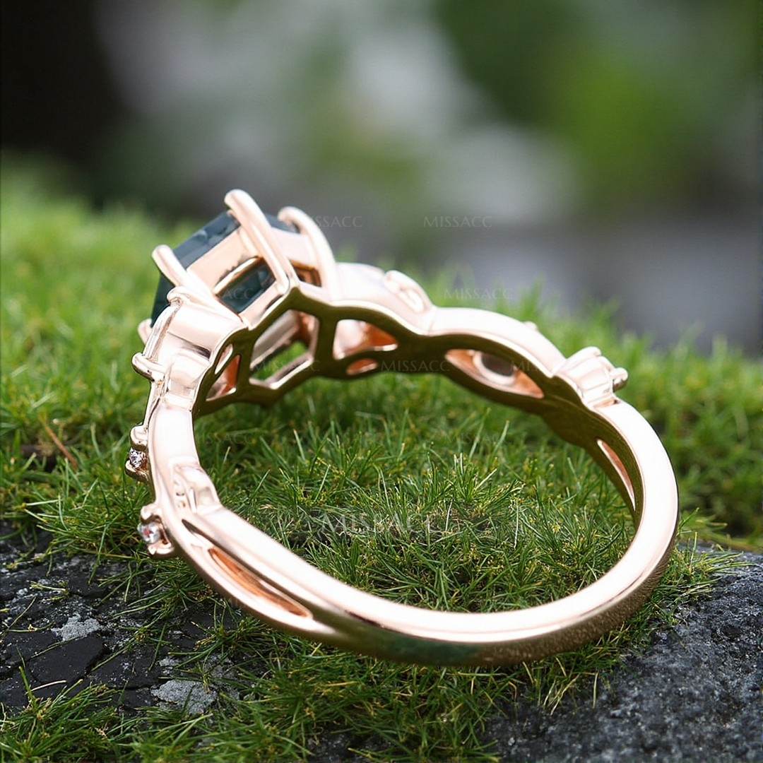 1CT Hexagon Cut Moss Agate Engagement Rings In Sterling Silver