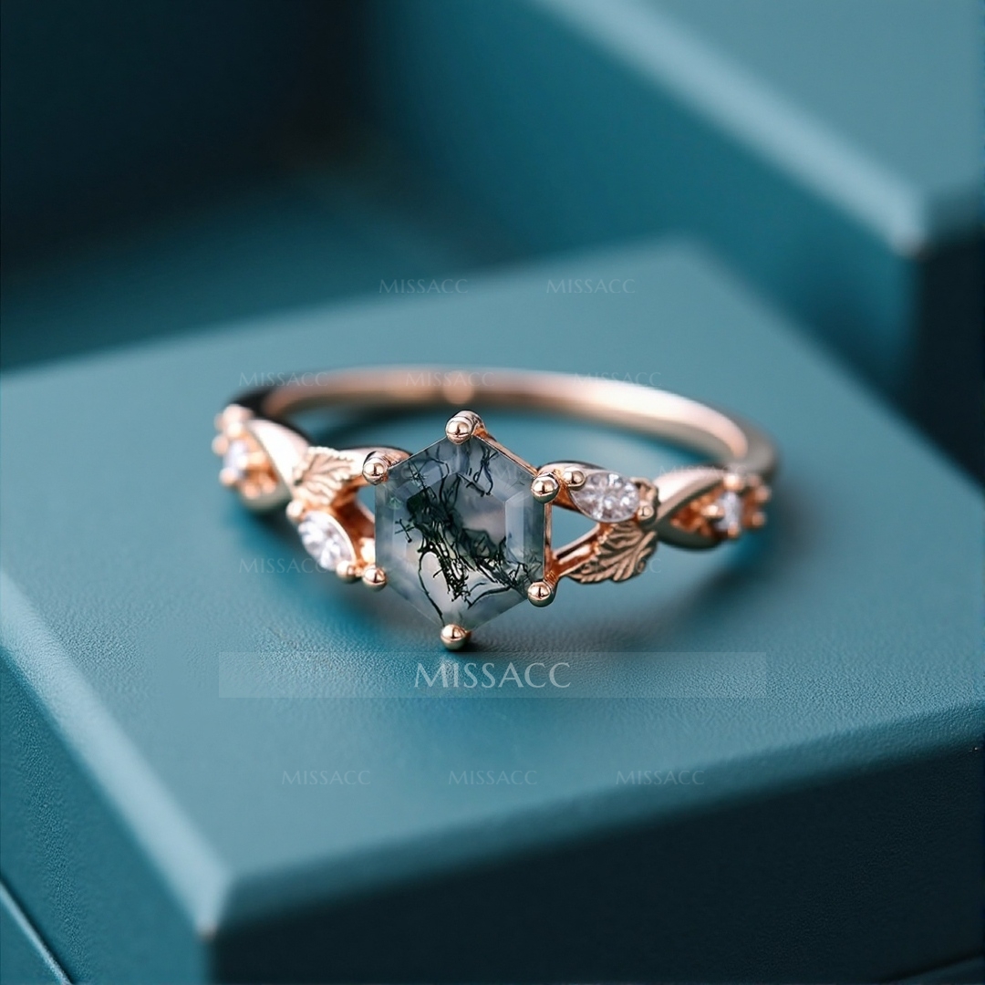1CT Hexagon Cut Moss Agate Engagement Rings In Sterling Silver
