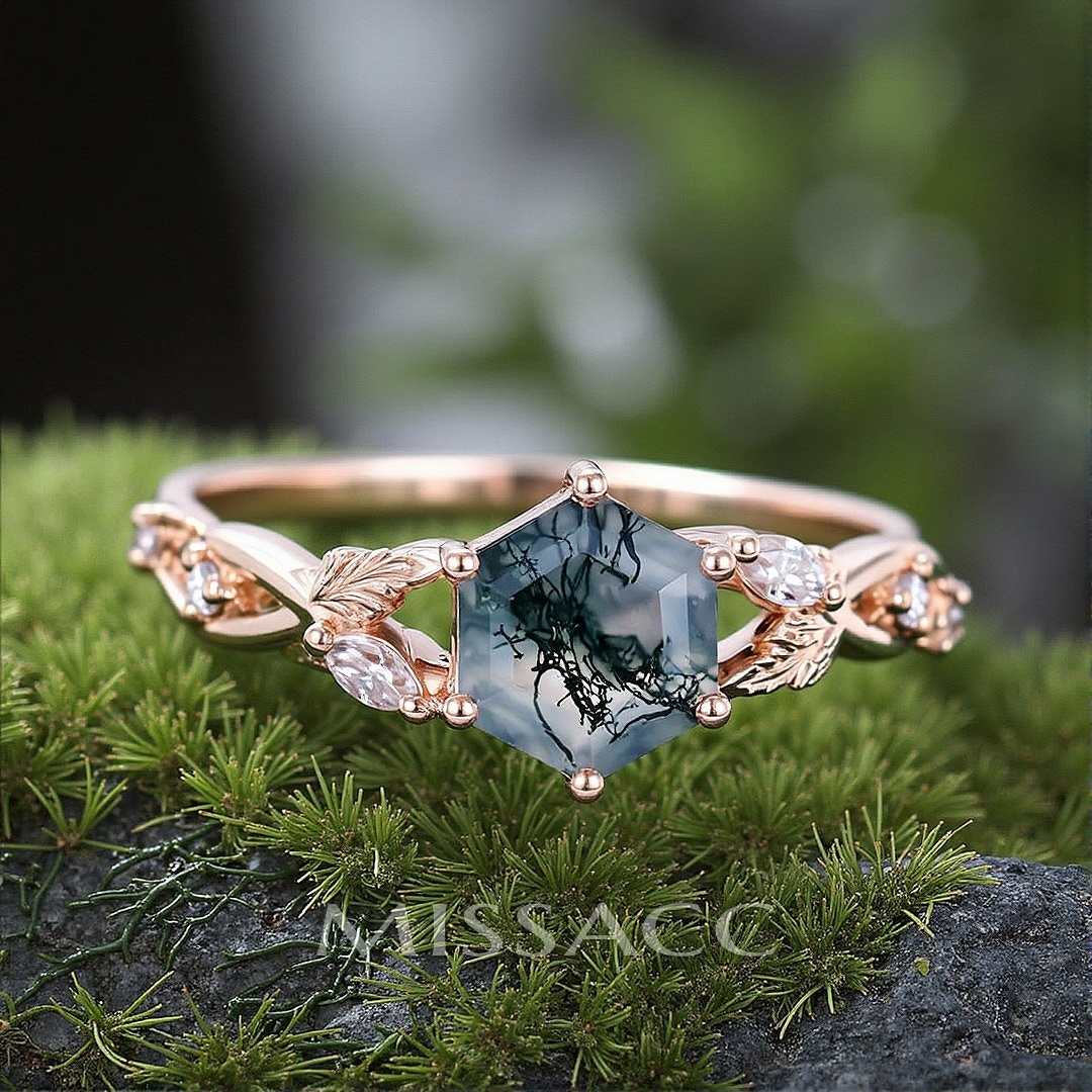 1CT Hexagon Cut Moss Agate Engagement Rings In Sterling Silver