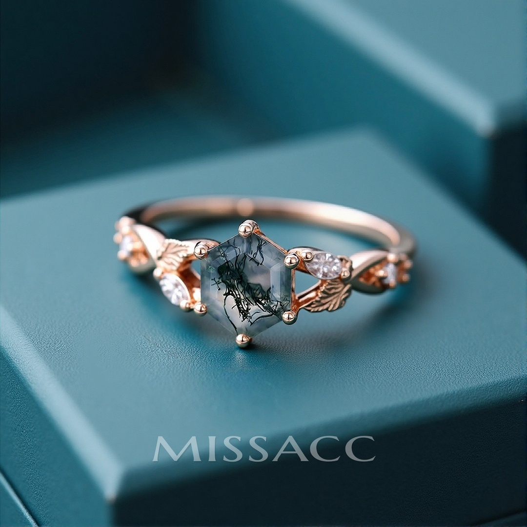 1CT Hexagon Cut Moss Agate Engagement Rings In Sterling Silver