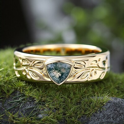 1CT Moss Agate Engagement Rings In Sterling Silver