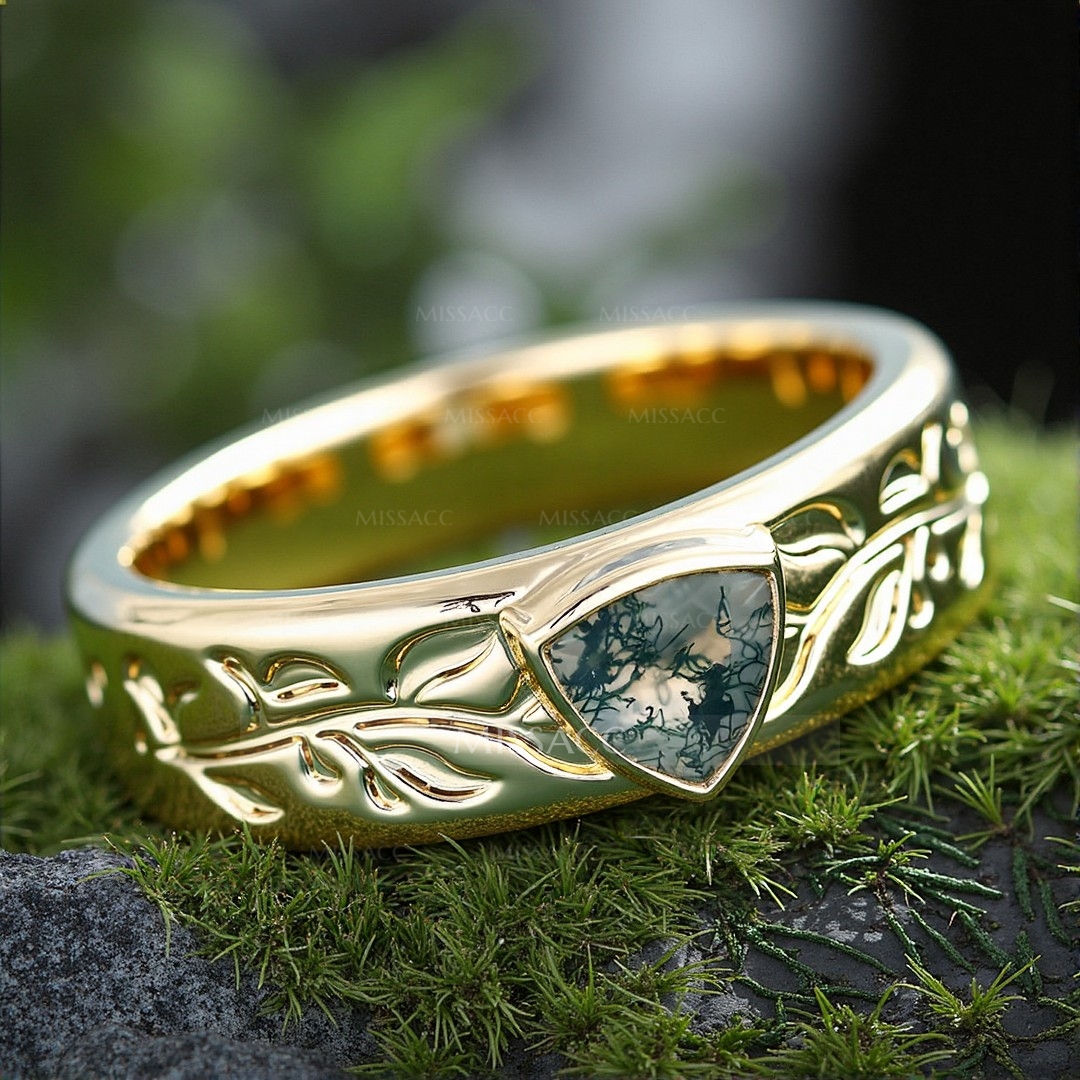 1CT Moss Agate Engagement Rings In Sterling Silver