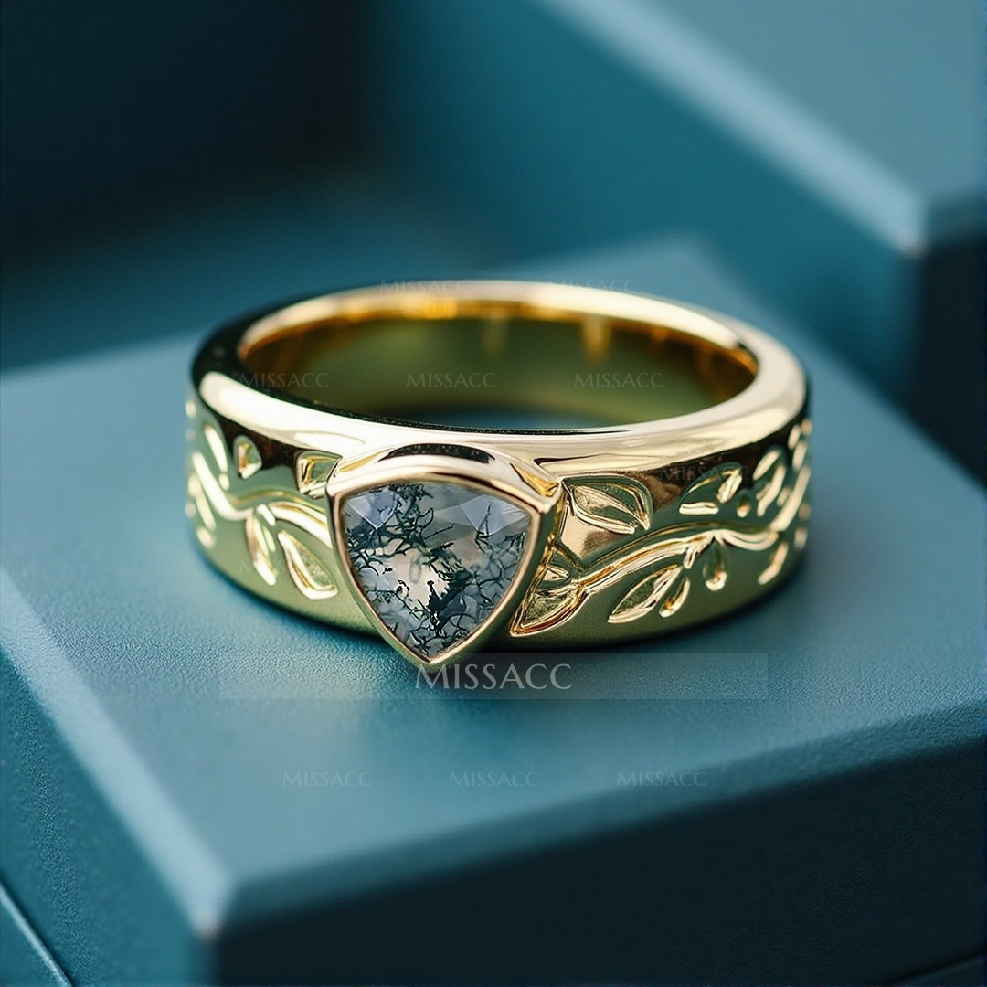 1CT Moss Agate Engagement Rings In Sterling Silver