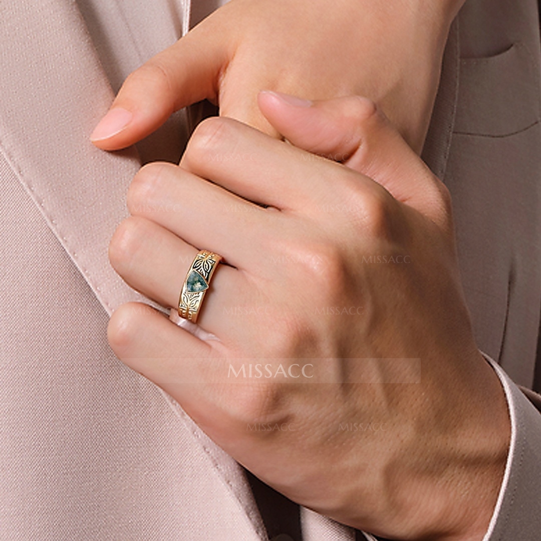 1CT Moss Agate Engagement Rings In Sterling Silver