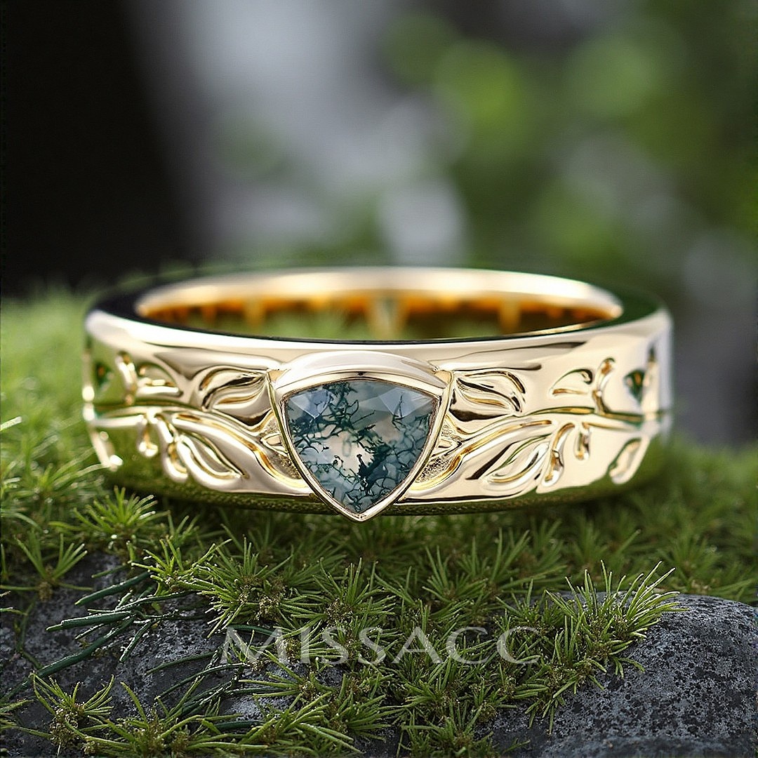 1CT Moss Agate Engagement Rings In Sterling Silver