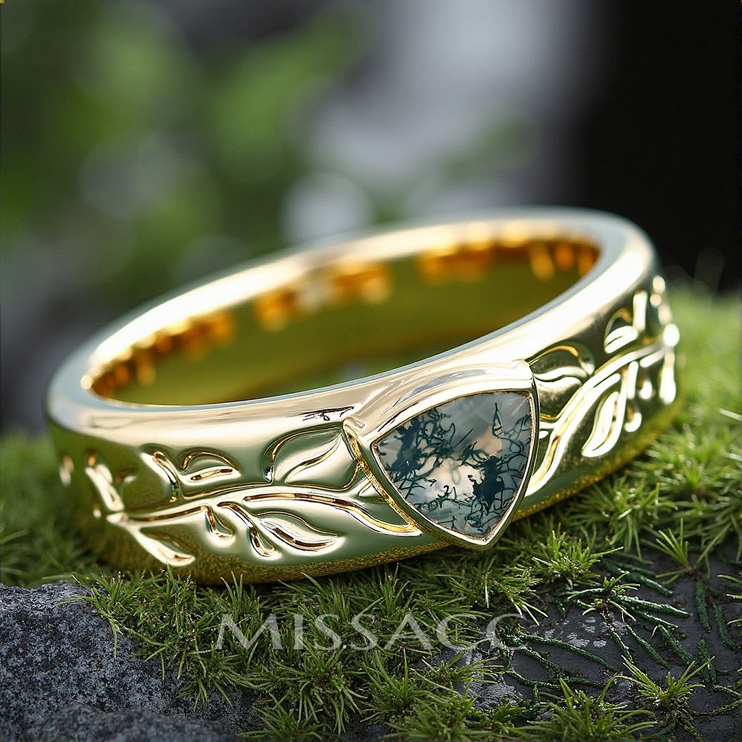 1CT Moss Agate Engagement Rings In Sterling Silver