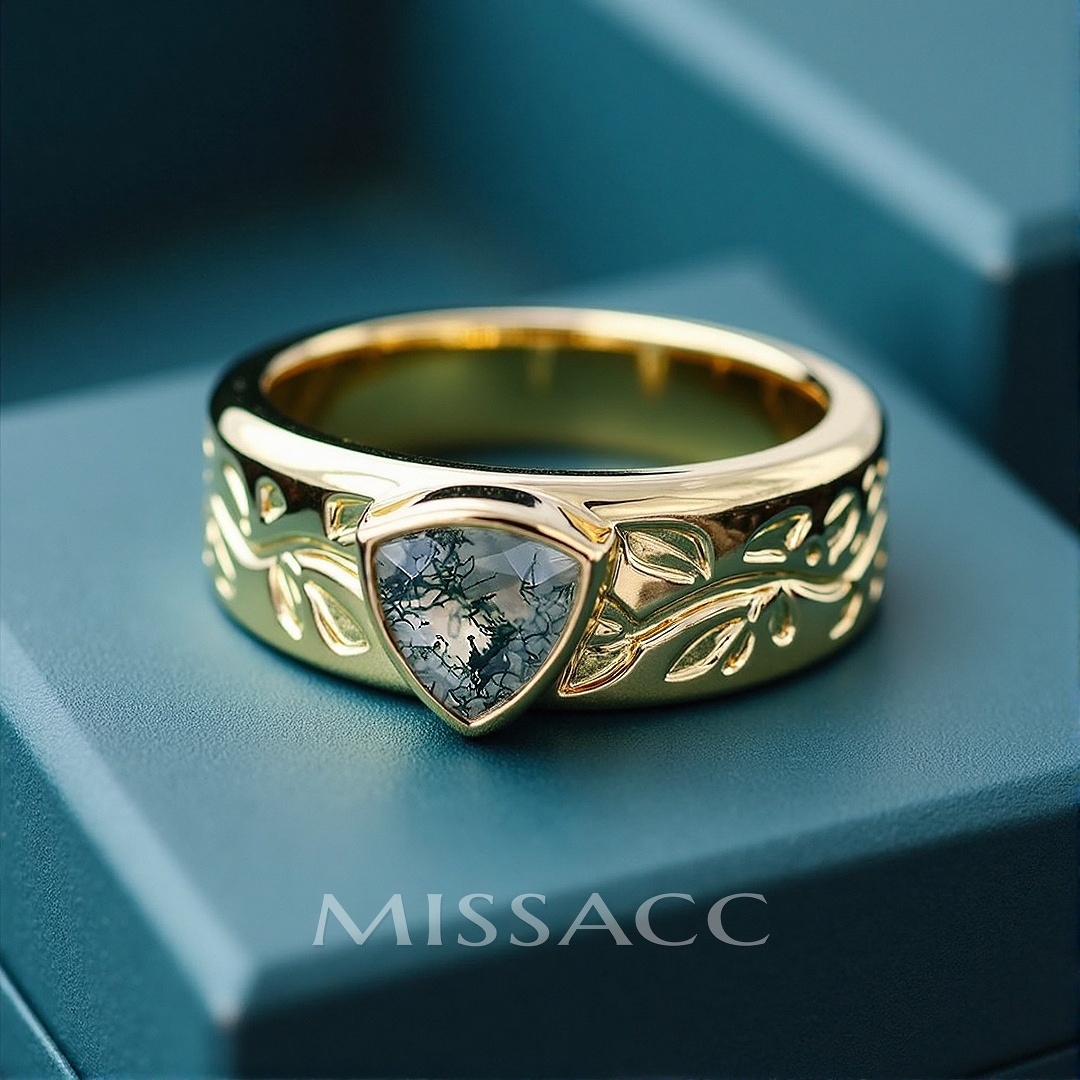 1CT Moss Agate Engagement Rings In Sterling Silver