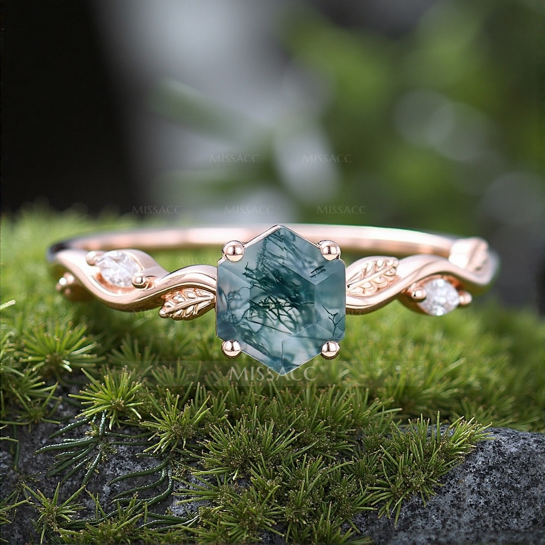 1CT Oval Cut Moss Agate Engagement Rings In Sterling Silver