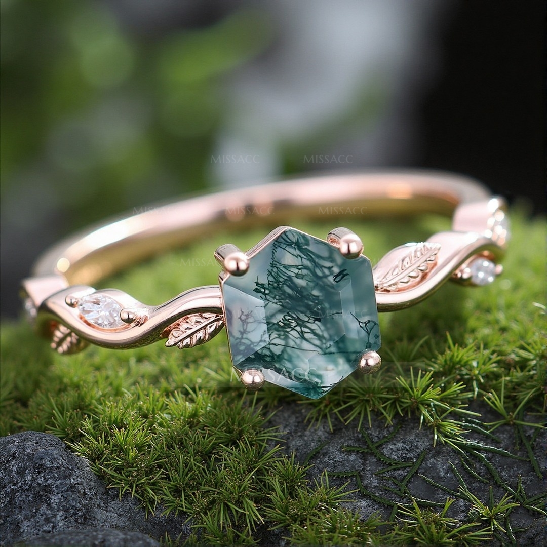 1CT Oval Cut Moss Agate Engagement Rings In Sterling Silver