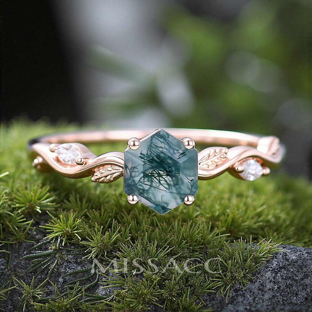 1CT Oval Cut Moss Agate Engagement Rings In Sterling Silver