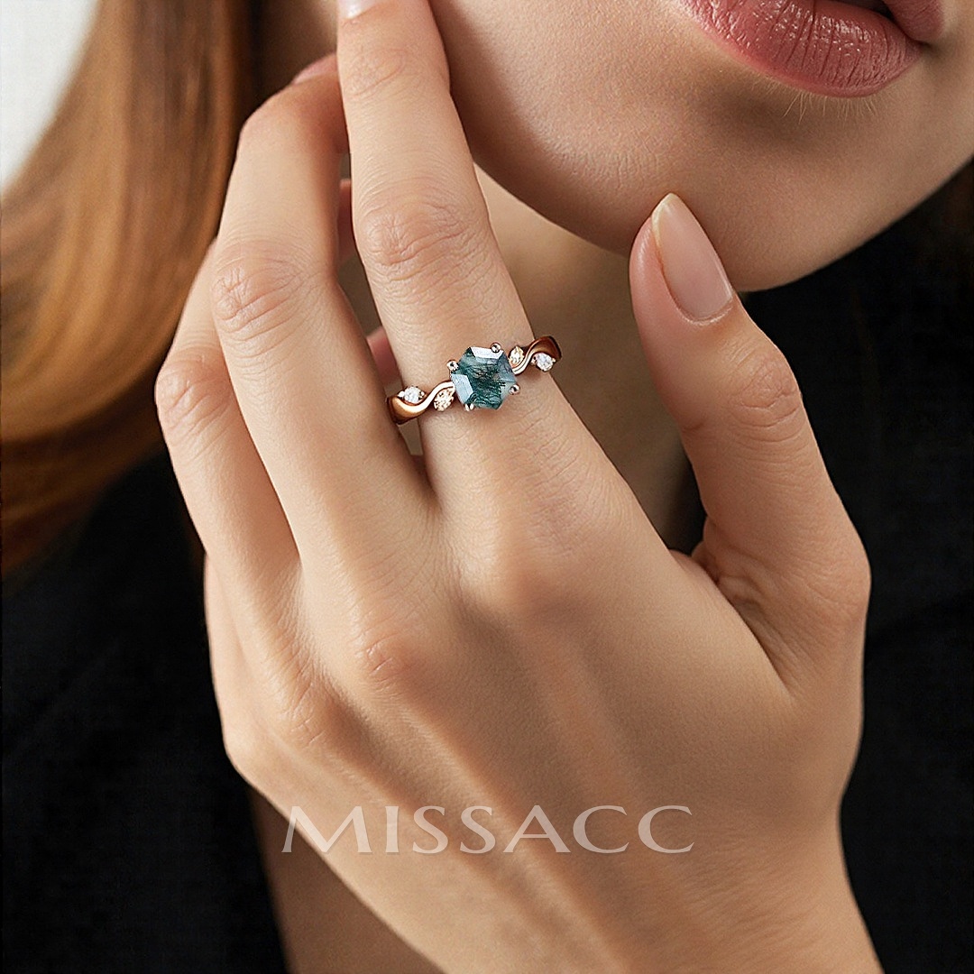1CT Oval Cut Moss Agate Engagement Rings In Sterling Silver