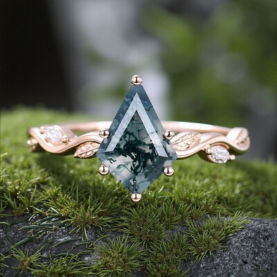 1CT Kite Cut Moss Agate Engagement Rings In Sterling Silver