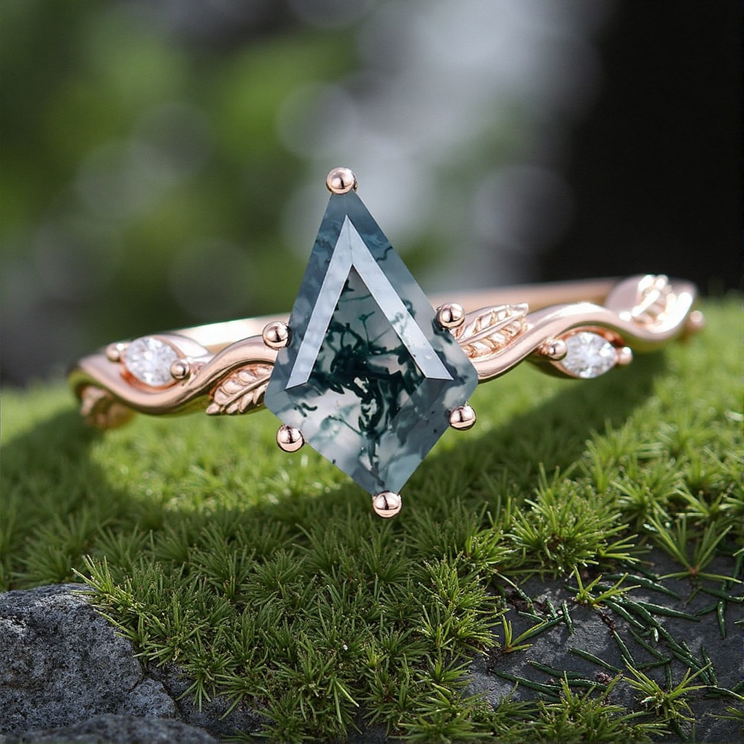 1CT Kite Cut Moss Agate Engagement Rings In Sterling Silver