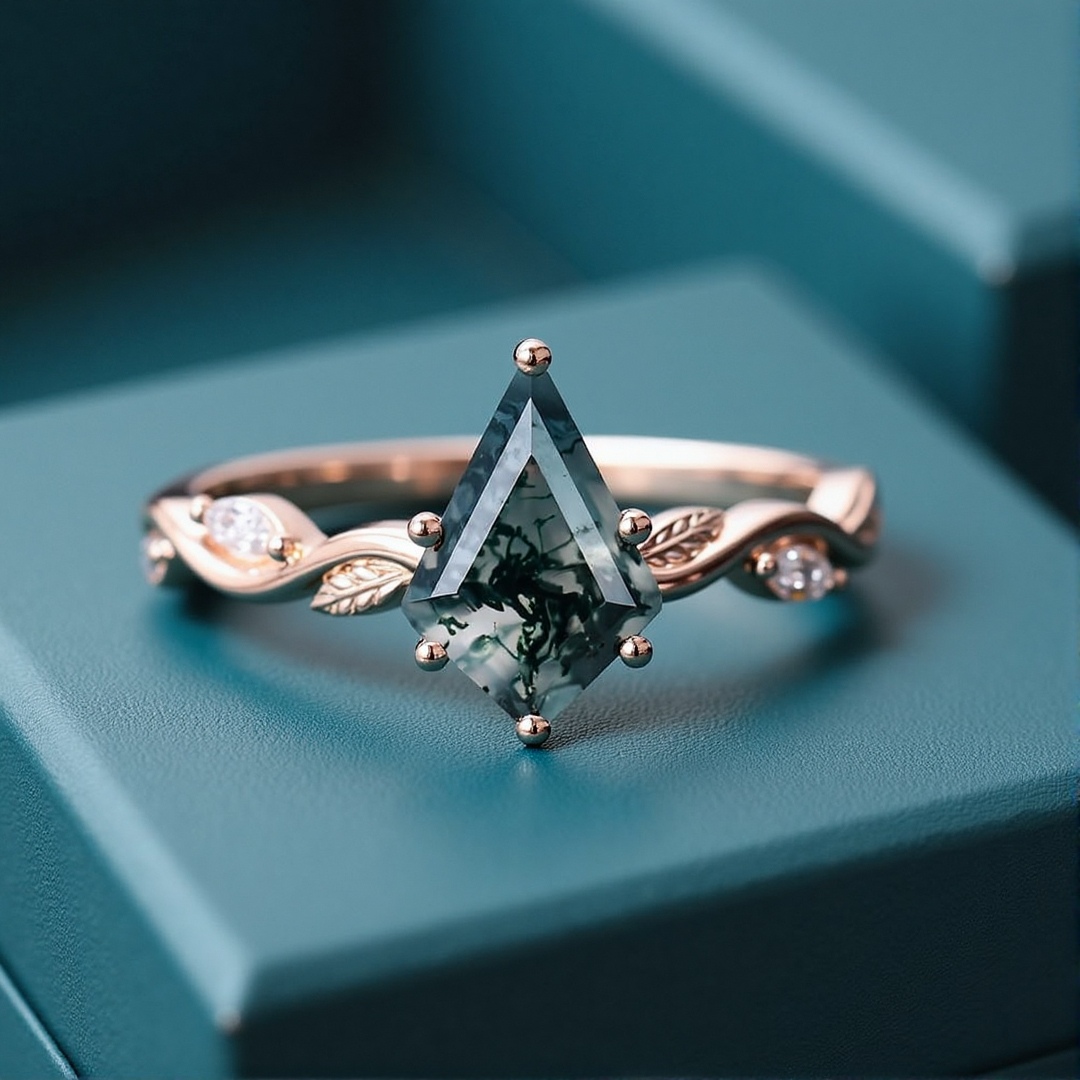 1CT Kite Cut Moss Agate Engagement Rings In Sterling Silver