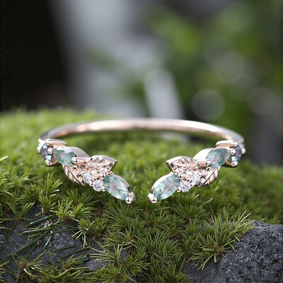 1CT Moss Agate Engagement Rings In Sterling Silver