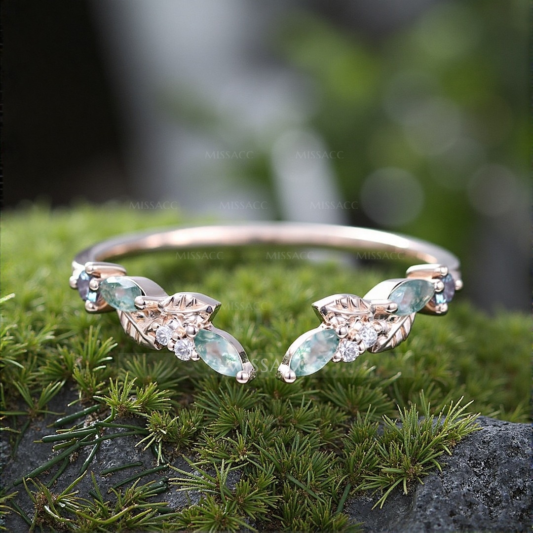 1CT Moss Agate Engagement Rings In Sterling Silver