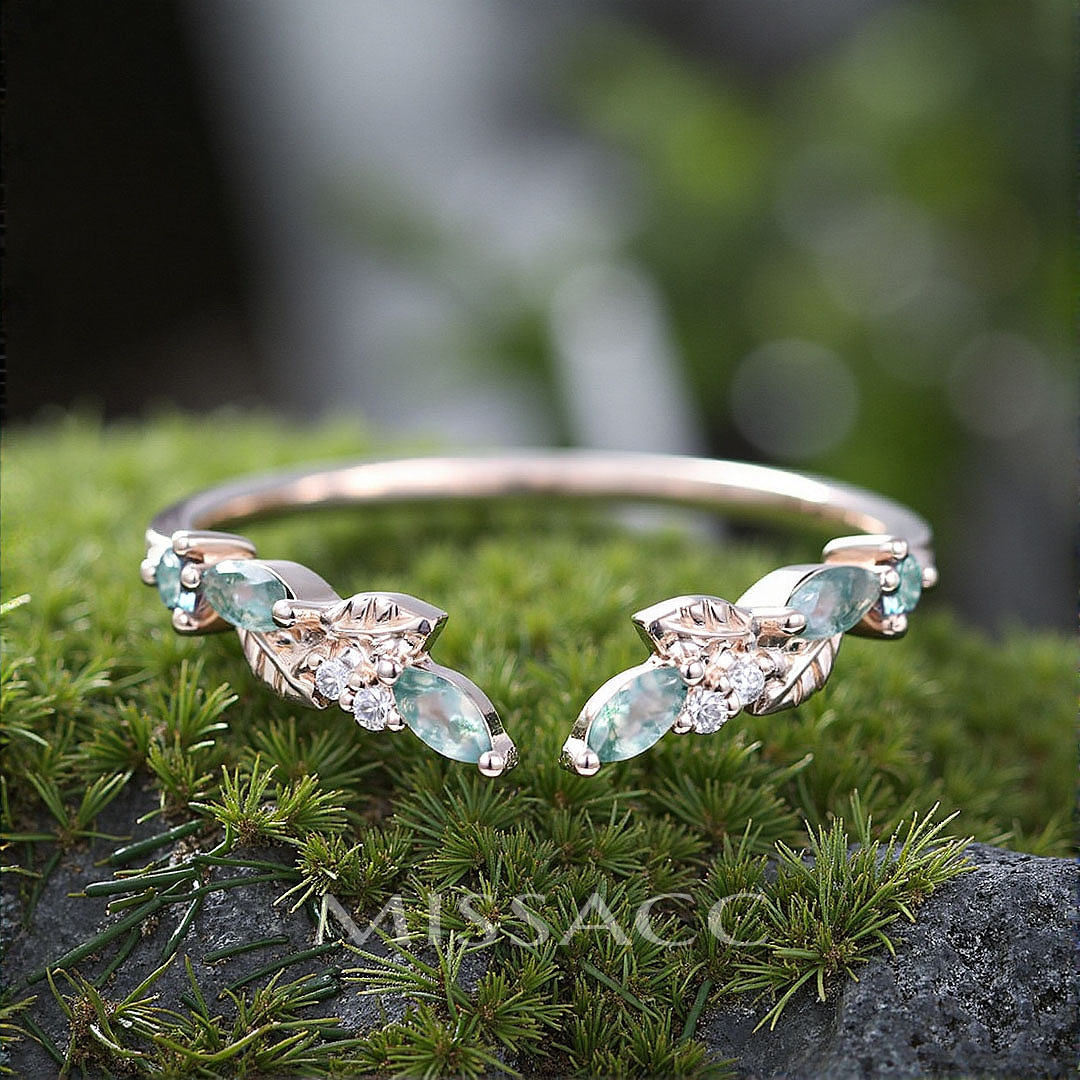 1CT Moss Agate Engagement Rings In Sterling Silver