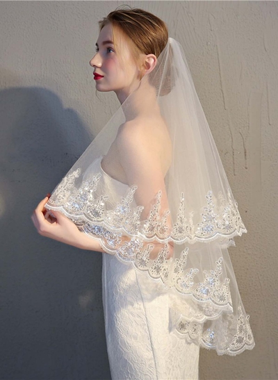 Lace Applique Edge Floral Two-Tier Tulle/Lace Elbow Bridal Veils