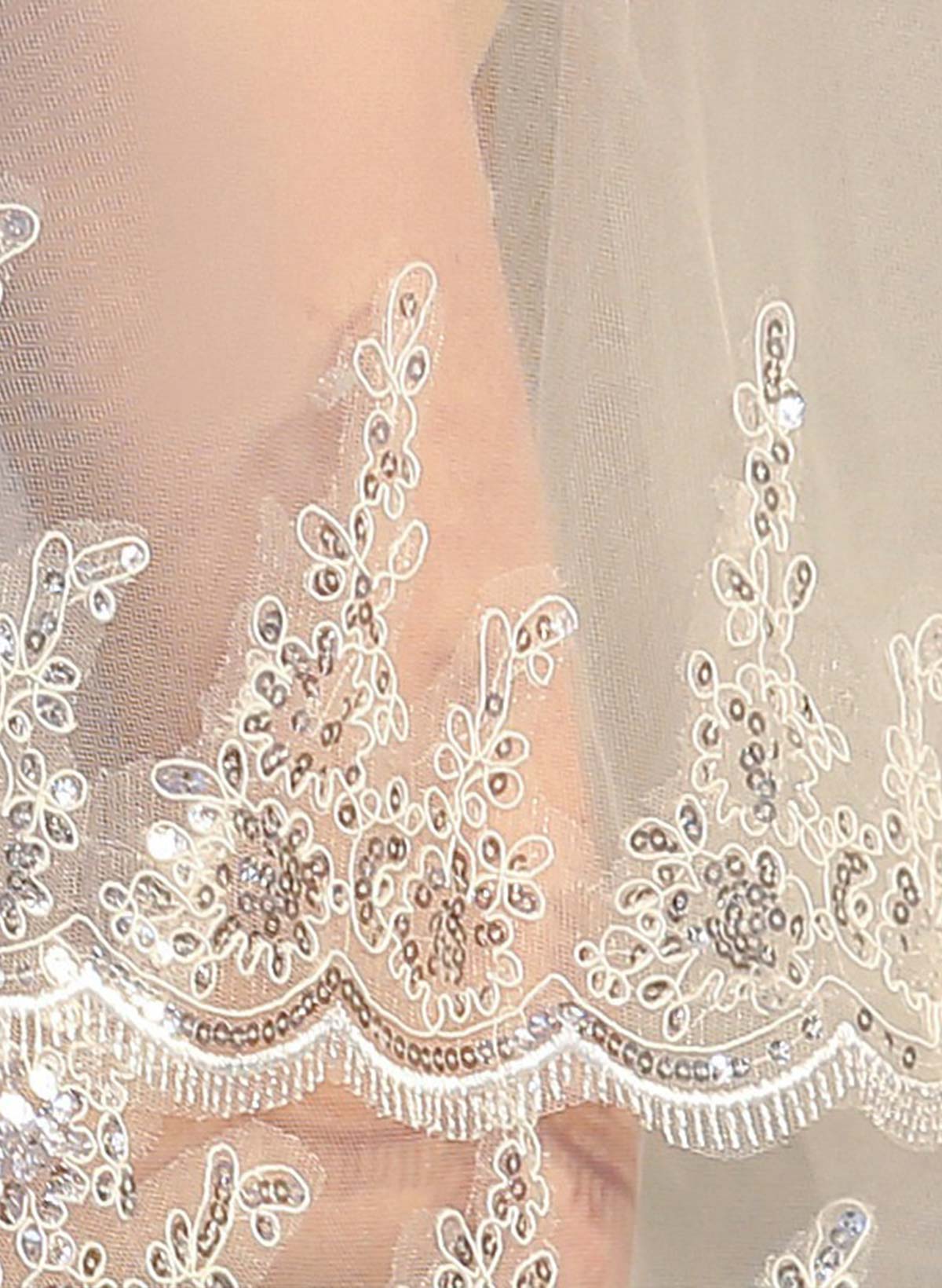 Lace Applique Edge Floral Two-Tier Tulle/Lace Elbow Bridal Veils