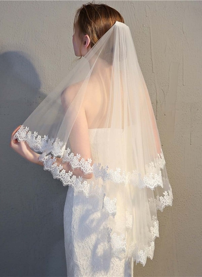 Lace Applique Edge Floral Two-Tier Tulle/Lace Elbow Bridal Veils