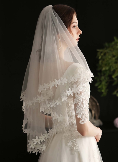 Lace Applique Edge Floral Two-Tier Tulle/Lace Elbow Bridal Veils