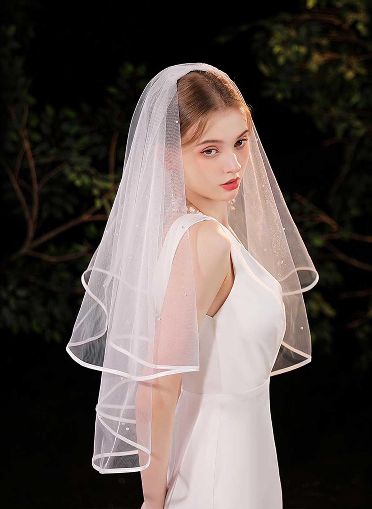 Satin Edge Simple Two-Tier Tulle Elbow Bridal Veils
