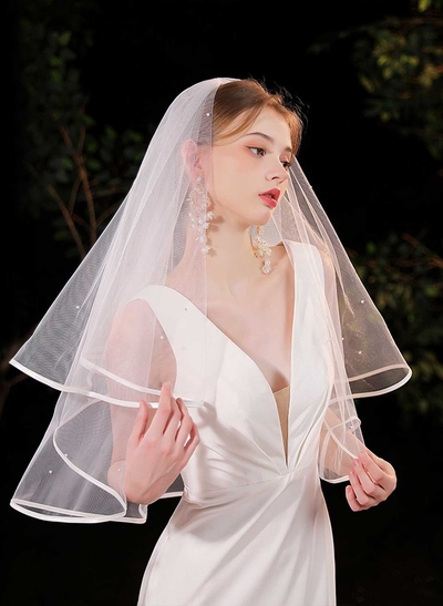 Satin Edge Simple Two-Tier Tulle Elbow Bridal Veils