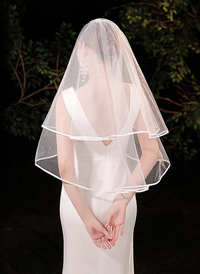 Satin Edge Simple Two-Tier Tulle Elbow Bridal Veils