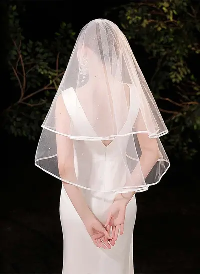 Simple Two-Tier Tulle Elbow-Length Bridal Veil with Satin Edge