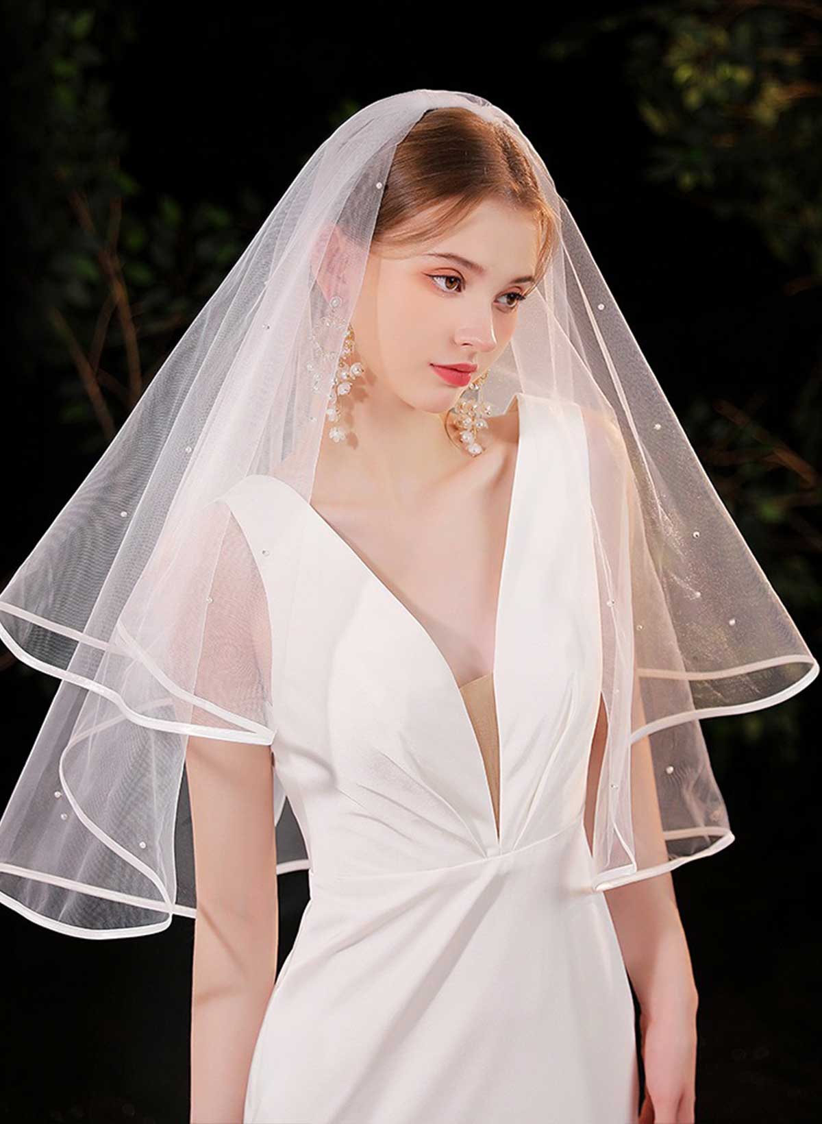 Satin Edge Simple Two-Tier Tulle Elbow Bridal Veils