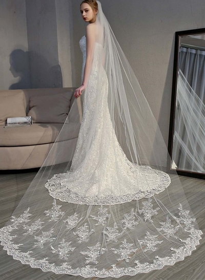 Lace Applique Edge Floral One-Tier Tulle/Lace Cathedral Bridal Veils