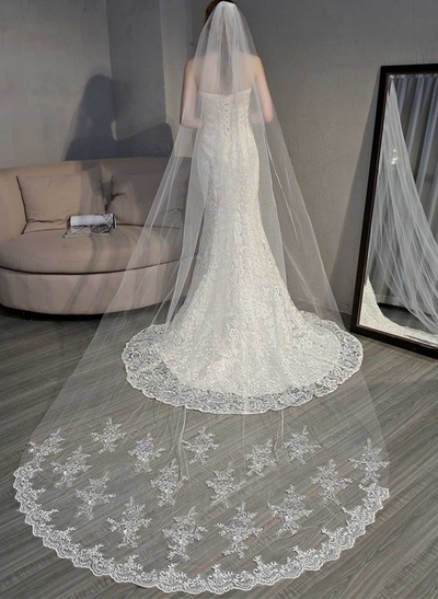 Lace Applique Edge Floral One-Tier Tulle/Lace Cathedral Bridal Veils
