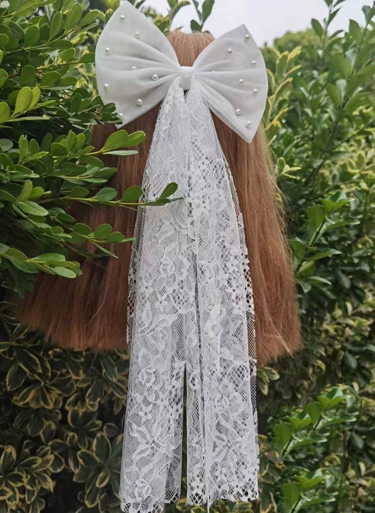 Cut Edge Faux Pearl/Bowknot One-Tier Chiffon/Lace Elbow Bridal Veils