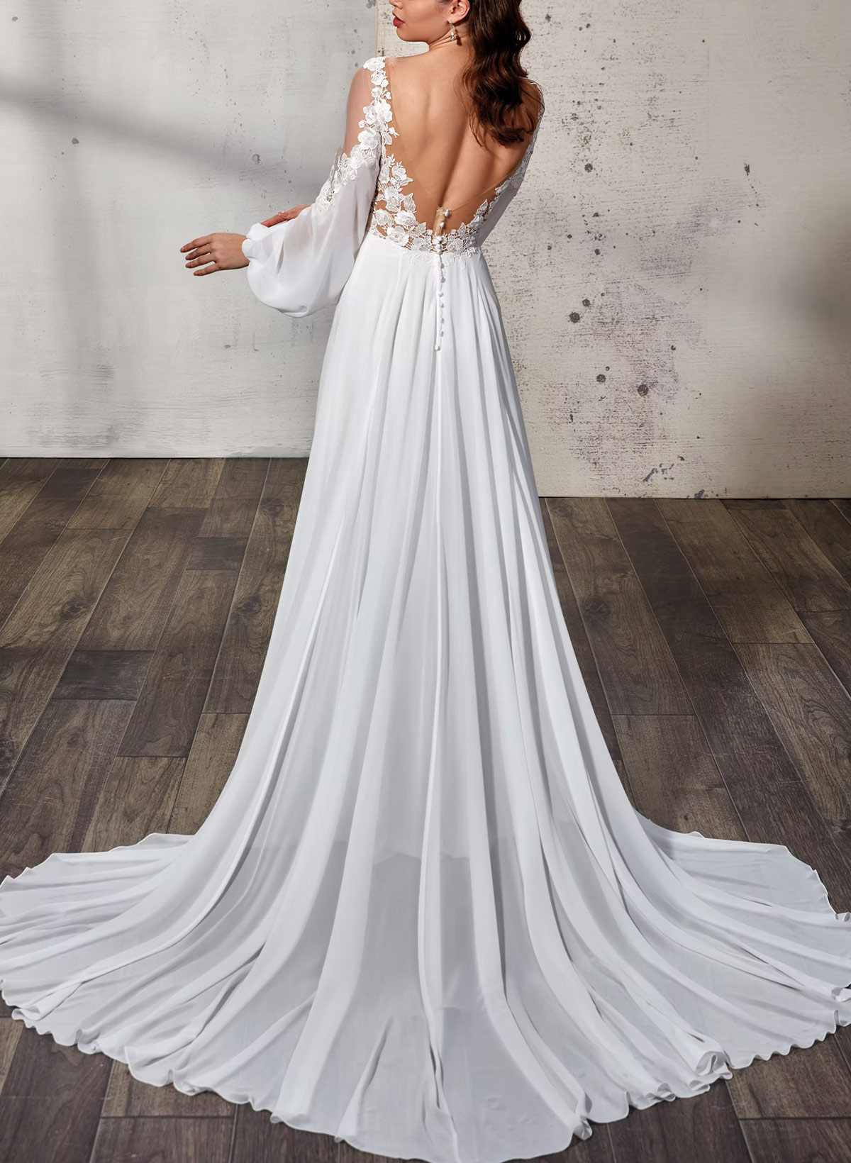 A-Line V-Neck Long Sleeves Court Train Chiffon Satin Tulle Wedding Dresses With Appliques Lace Flower Bubble Hem