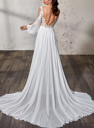 A-Line V-Neck Long Sleeves Court Train Chiffon Satin Tulle Wedding Dresses With Appliques Lace Flower Bubble Hem