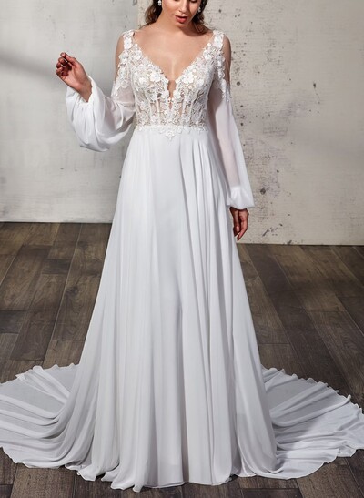 A-Line V-Neck Long Sleeves Court Train Chiffon Satin Tulle Wedding Dresses With Appliques Lace Flower Bubble Hem