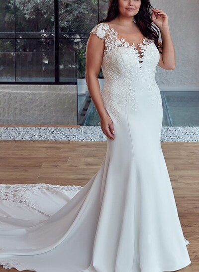 Trumpet Mermaid Sweetheart Short Sleeves Chapel Train Lace Elastic Satin Wedding Dresses With Lace Flower