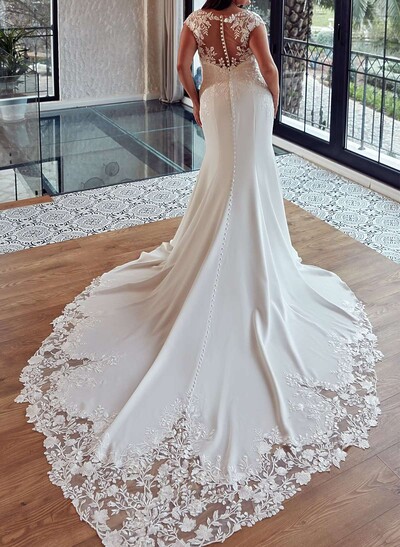 Trumpet Mermaid Sweetheart Short Sleeves Chapel Train Lace Elastic Satin Wedding Dresses With Lace Flower